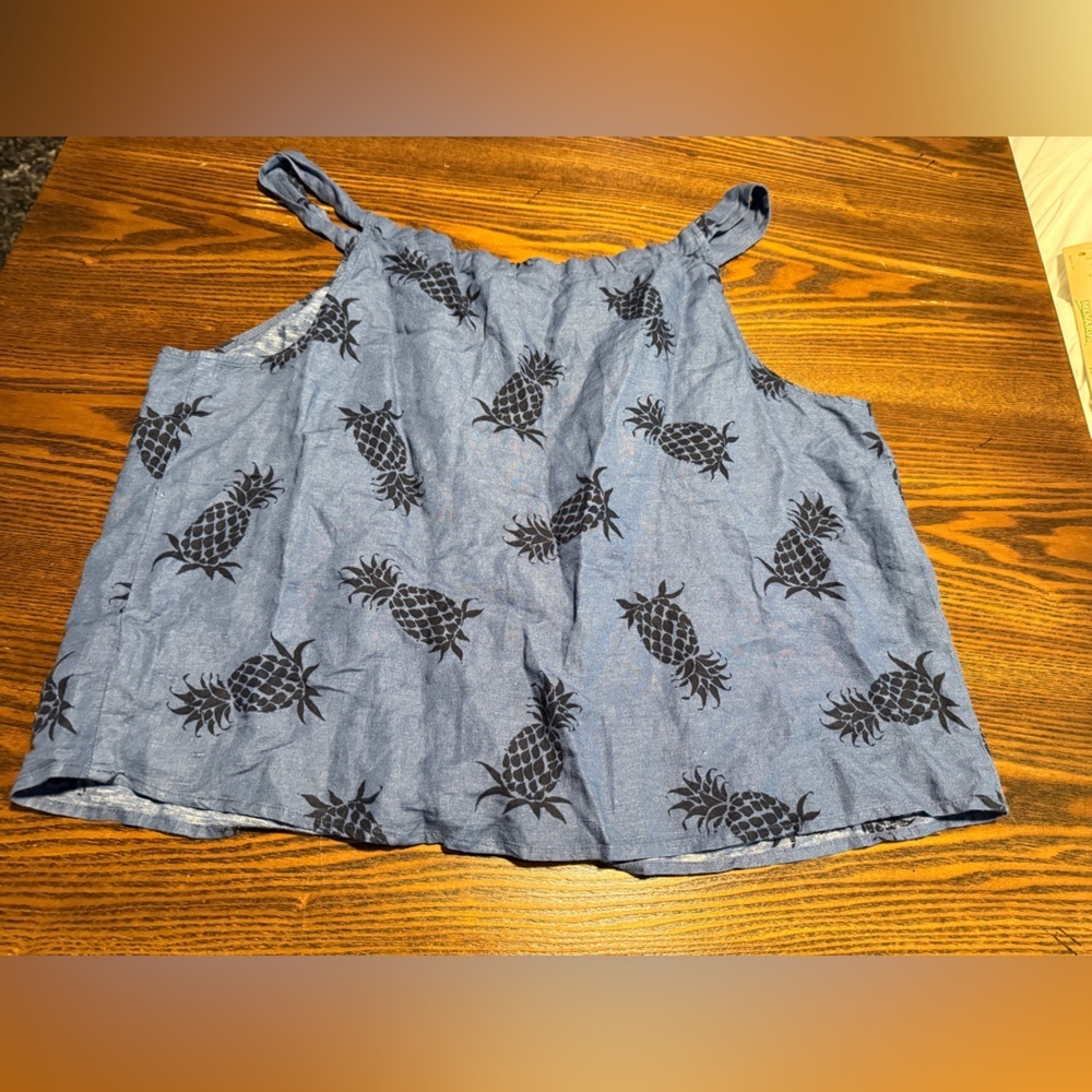 GAP Button Front Tank Top Linen Blend Women's XL Blue Pineapple Tropical Beach - Picture 13 of 15